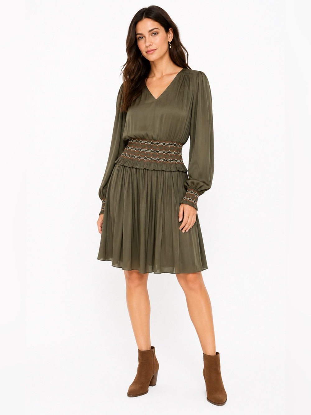 Current Air, Olive Green Smocked Waist Pleated Dress, Size Small EUC